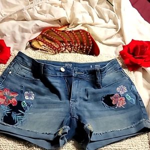 ANA Distressed EMBROIDERED stretch denim mid waist denim shorts